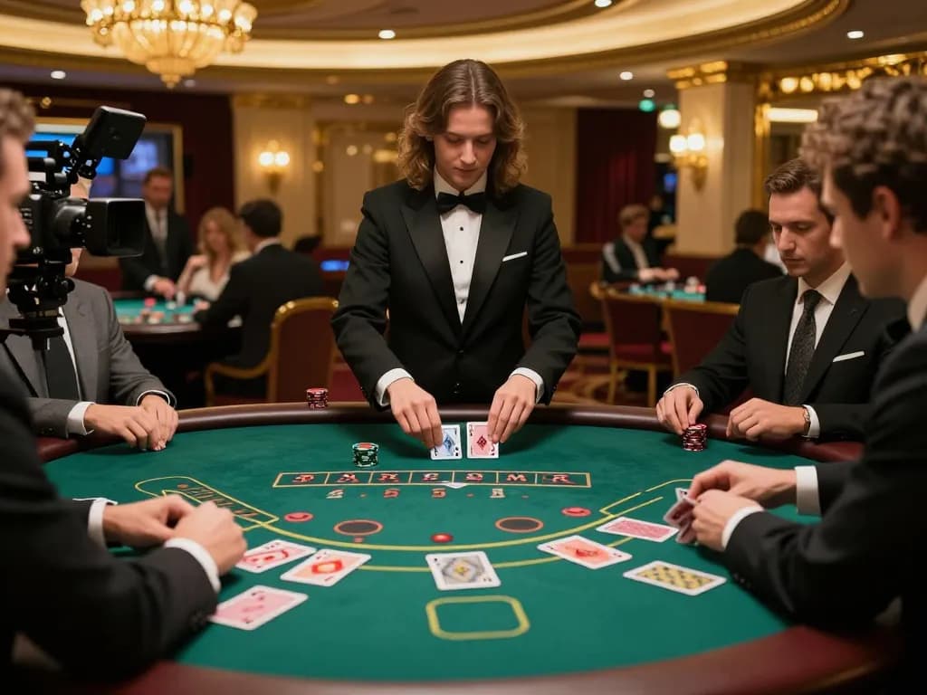 MM88 blackjack players strategizing their bets at an exclusive VIP table in a luxurious casino.