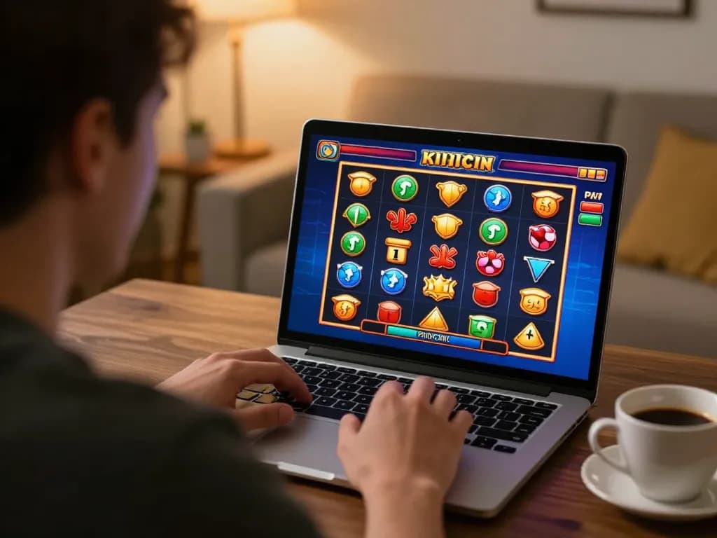 cm88-bet player enjoying an exciting online slots game on laptop, showcasing vibrant gameplay.
