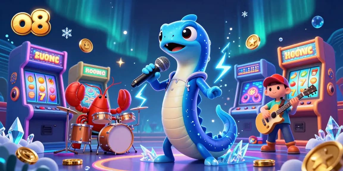 o8 live casino scene featuring a DJ eel, lobster drummer, and seahorse guitarist with slot machines.
