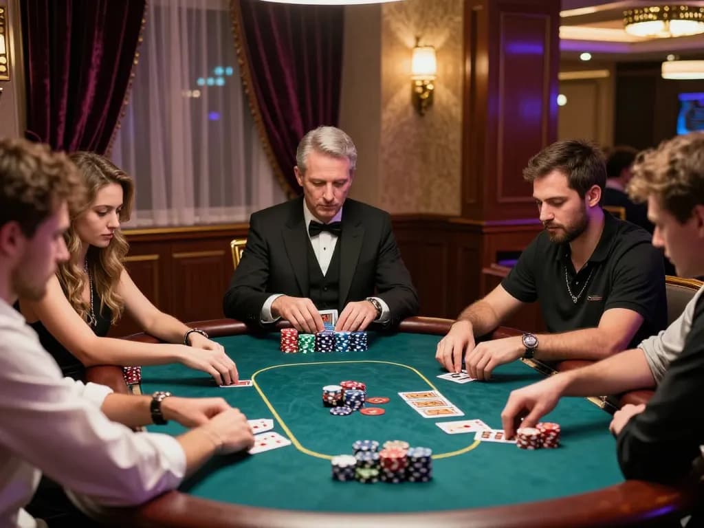 Players engaged in strategic poker gameplay at a QH88go casino table, illuminated by vibrant overhead lighting.