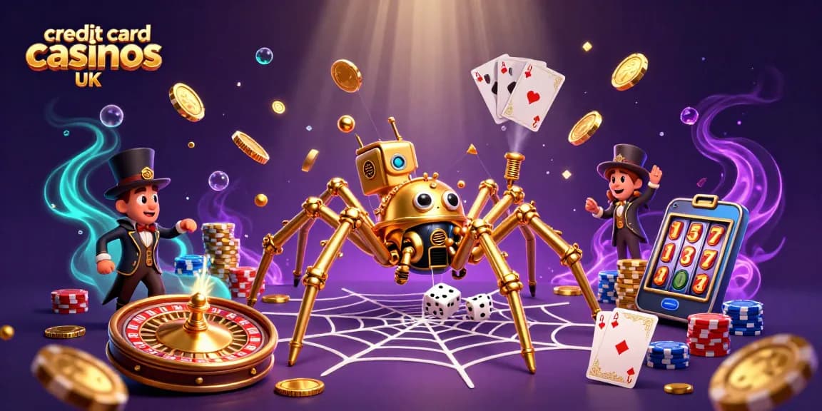 Experience the thrill of credit card casinos UK with a vibrant, dynamic 3D illustration filled with games and excitement.