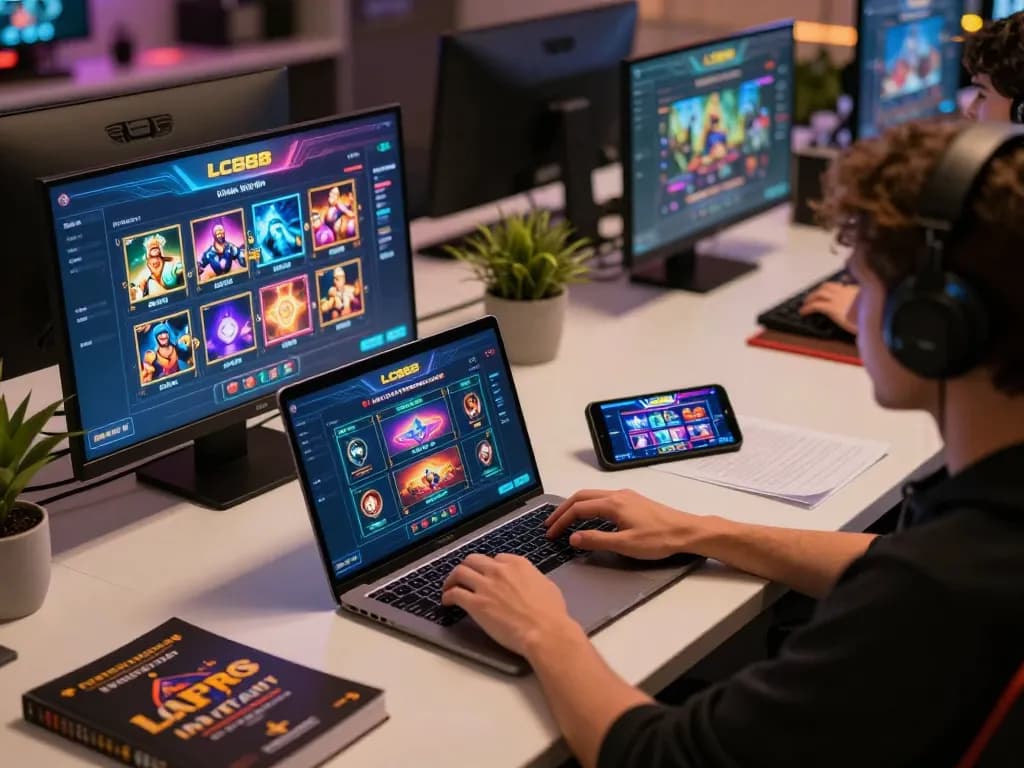 Player enjoying strategic gameplay on LC88 casino platform using laptop and mobile device