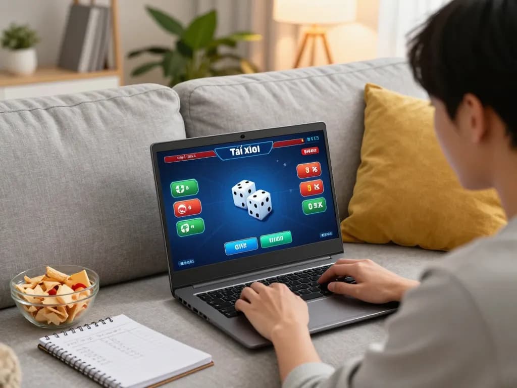 Taking action in a tài xỉu online game on a laptop in a cozy home setting.