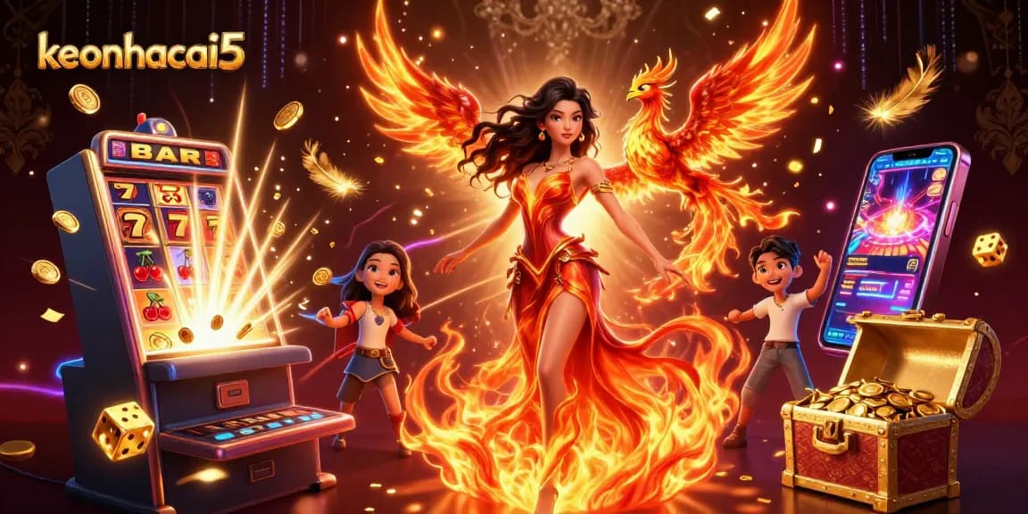 Experience gaming excitement with keonhacai5's stunning illustration of vibrant casino elements and characters.