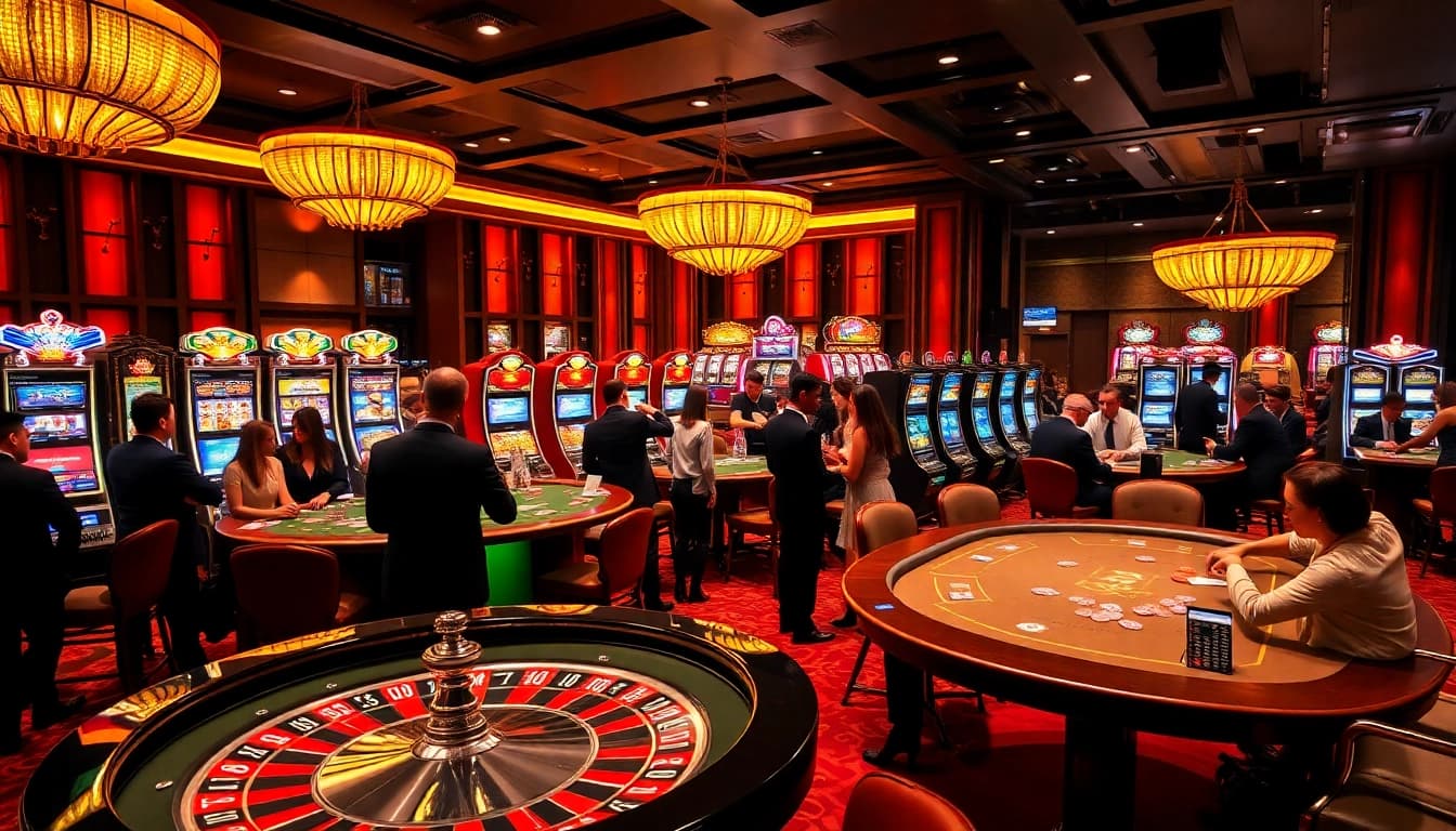 Exciting nightlife in an upscale casino featuring roulette and poker tables at https://77bet.codes/.