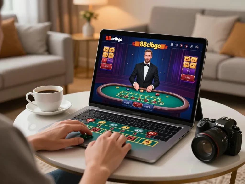 Player enjoying blackjack on 88clbgo gaming app in a cozy home setup with tablet, coffee.