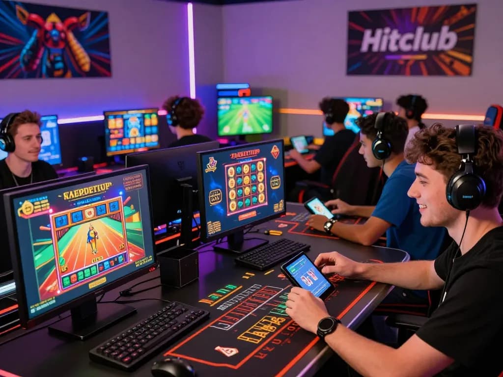 Engaging gaming atmosphere at Hitclub with players enjoying diverse online games on their devices.