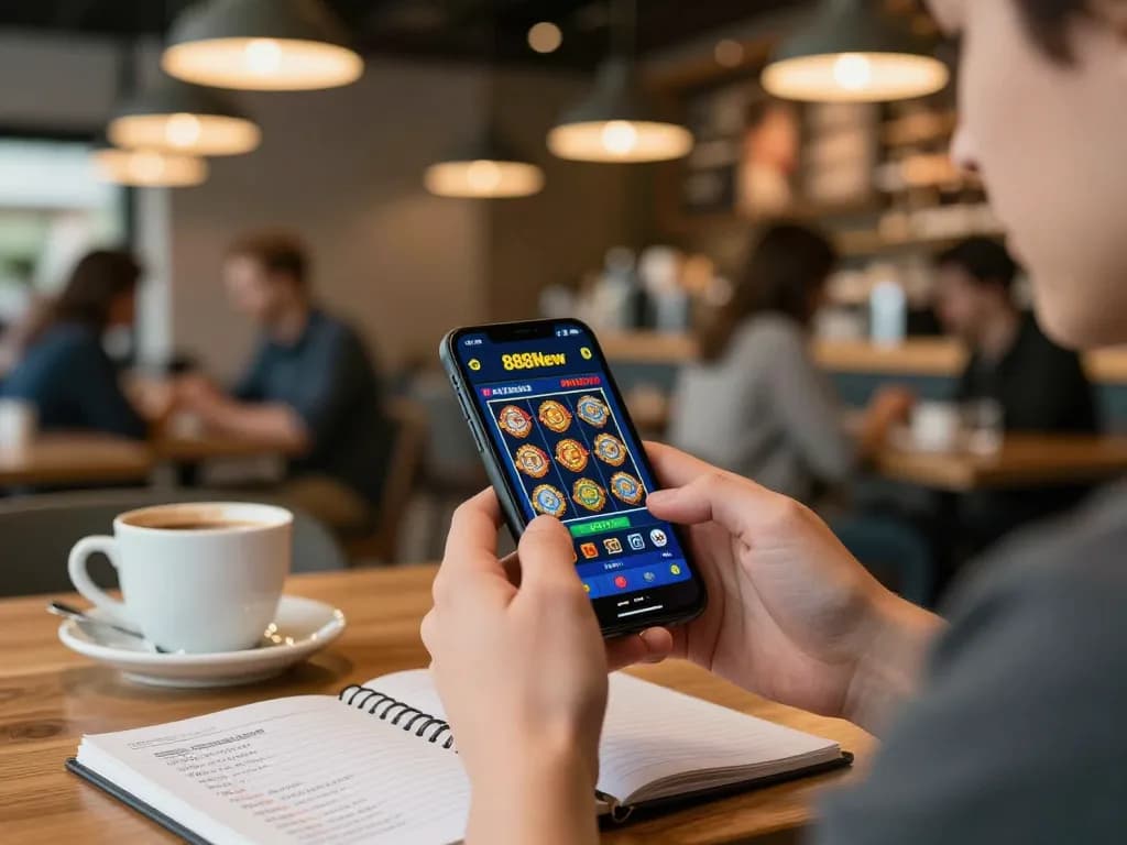 Engaging mobile gaming at 888New with a player using their smartphone in a cozy café.