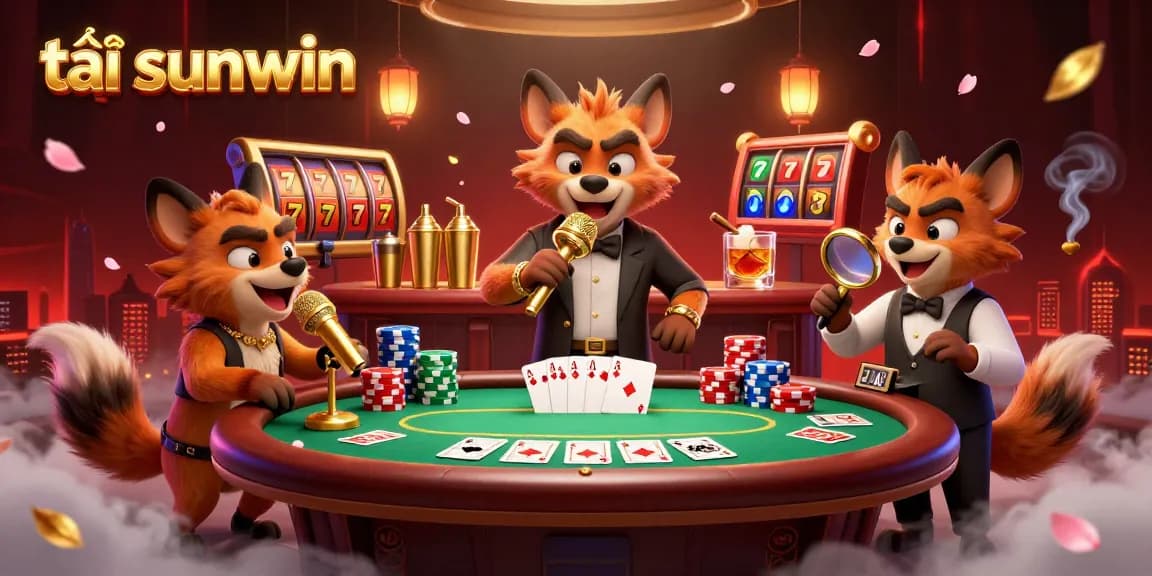 Experience the excitement of tải sunwin with a 3D scene of hyenas at a comedy casino, featuring poker action and vibrant decor.
