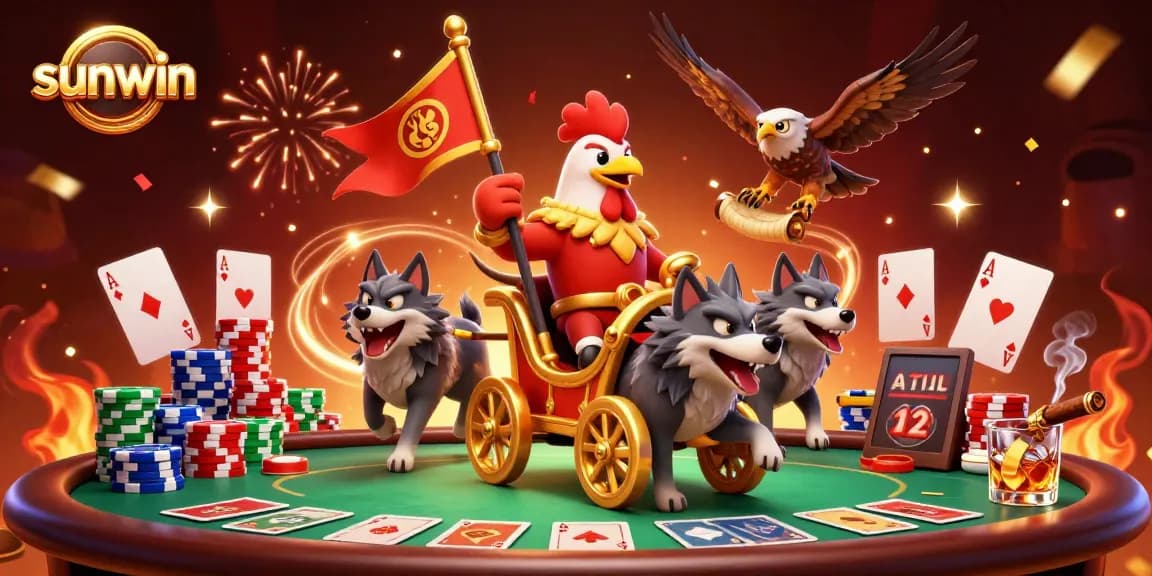 Engage with sunwin's thrilling poker showdown featuring a cartoon rooster warlord amidst vibrant gaming elements.