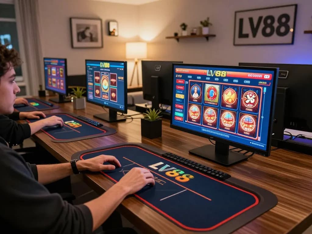 Engaging in online gameplay at trang chủ lv88 with multiple screens showcasing casino games.