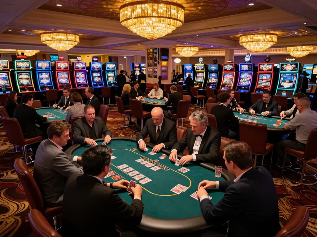 Exciting scene of players engaged around poker tables at a vibrant casino highlighting SC88 strategic gameplay.