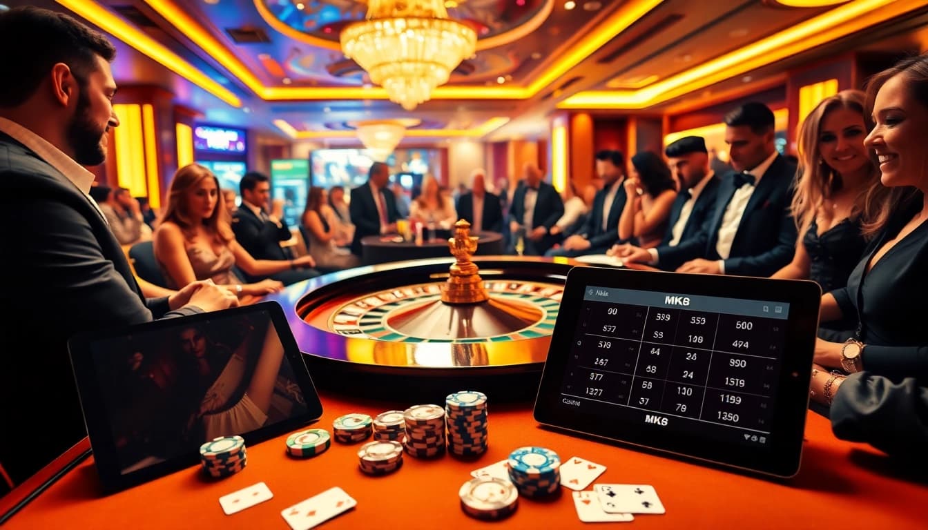 Players enjoy MK8 action at a luxury casino, with roulette, poker chips, and excitement.