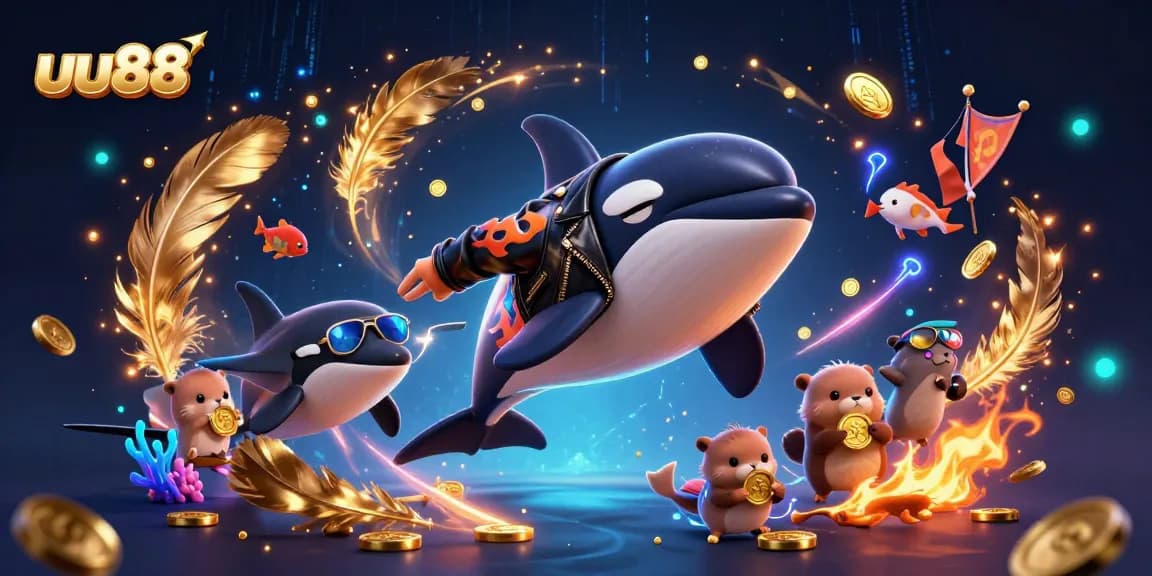 Experience the thrilling action of uu88 with thrilling characters like a biker orca and golden coin otters in an engaging casino scene.