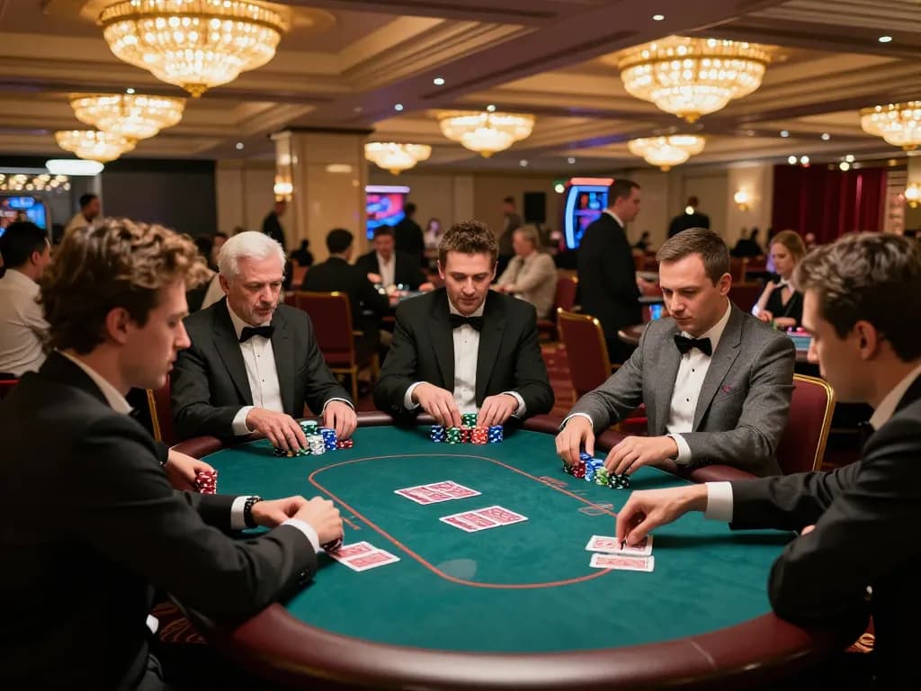 Bay789 players engaging in an exciting poker game with chips and cards actively in play, showcasing vibrant casino atmosphere