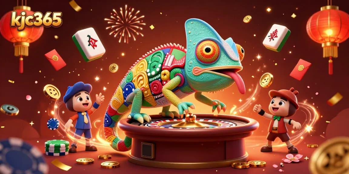 Join the exhilarating world of KJC365 with a colorful chameleon casino owner capturing golden coins!