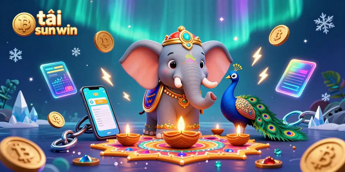Engage with the excitement of tải sun win featuring a vibrant 3D elephant and peacock amidst casino elements.