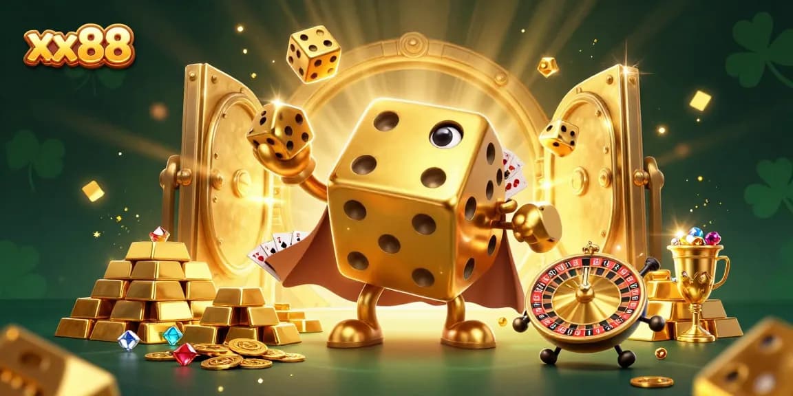 Experience exhilarating wins with xx88's captivating casino adventure, featuring golden dice and treasures.
