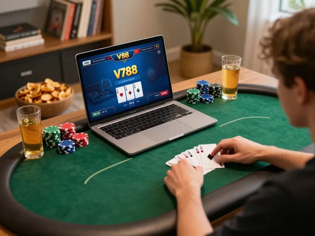 Engaging online poker gameplay on v788 WIN platform featuring intense player focus and a lively atmosphere