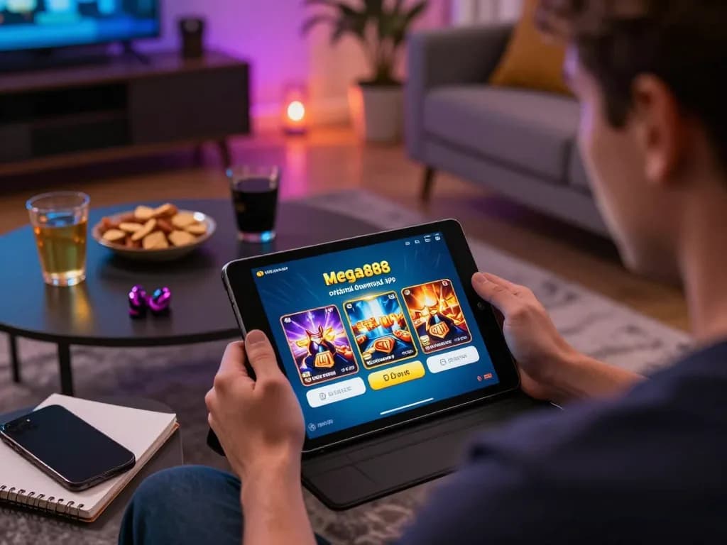 Using the mega888 original download ios app on a tablet in a cozy gaming setup, promoting responsible online gambling.