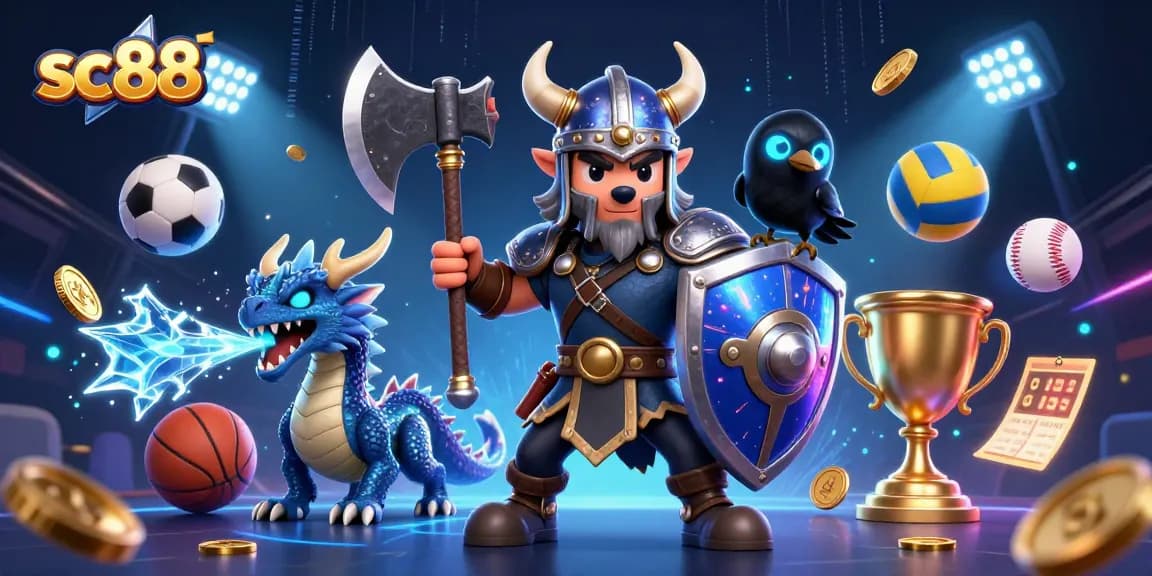 Engage with sc88's thrilling sports betting scene featuring a Viking warrior and dynamic elements.
