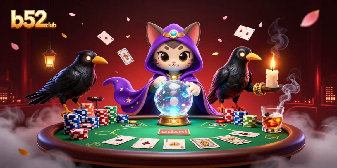 Experience thrilling gambling at b52club with vibrant 3D artwork of fortune teller and poker elements.