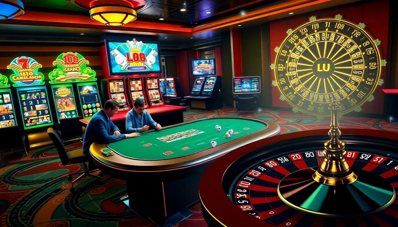 Players engaging in a high-stakes game at lu88.com poker table amidst vibrant casino atmosphere.