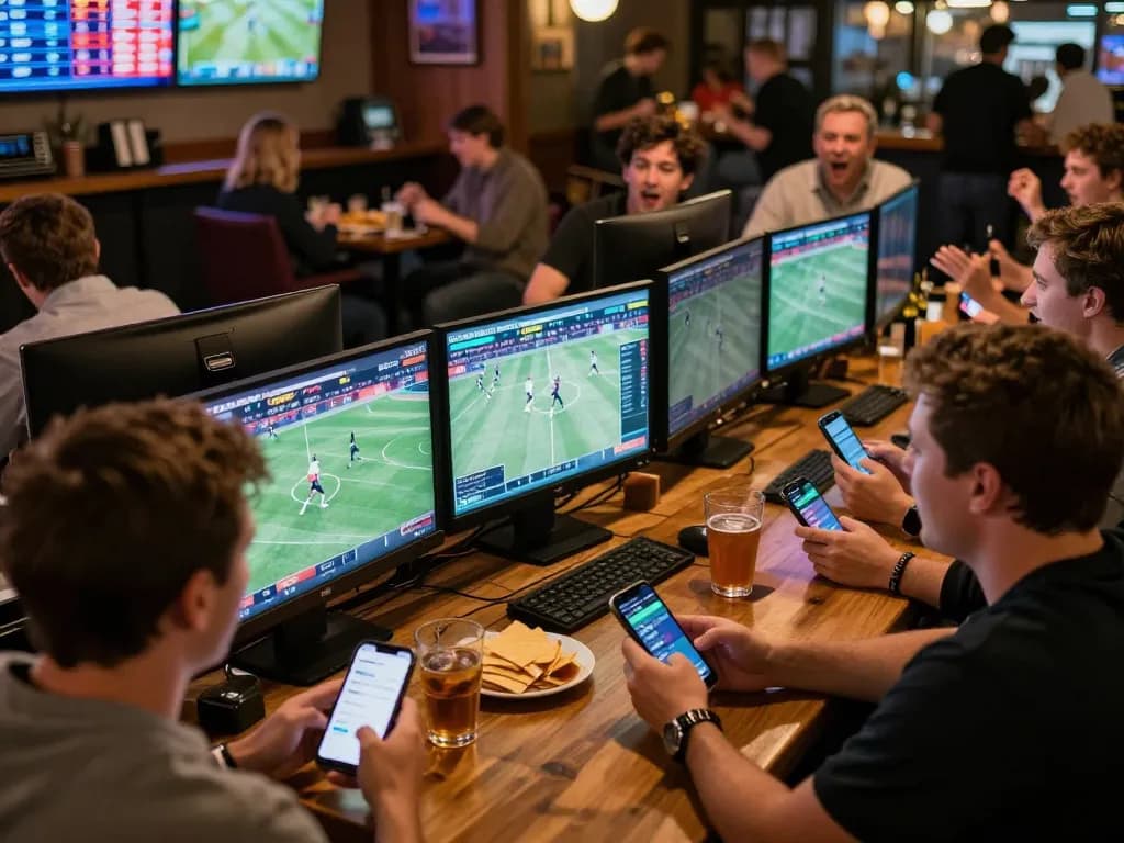 Engaged bettors at 88CLUB using smartphones to place live sports bets in an animated bar atmosphere