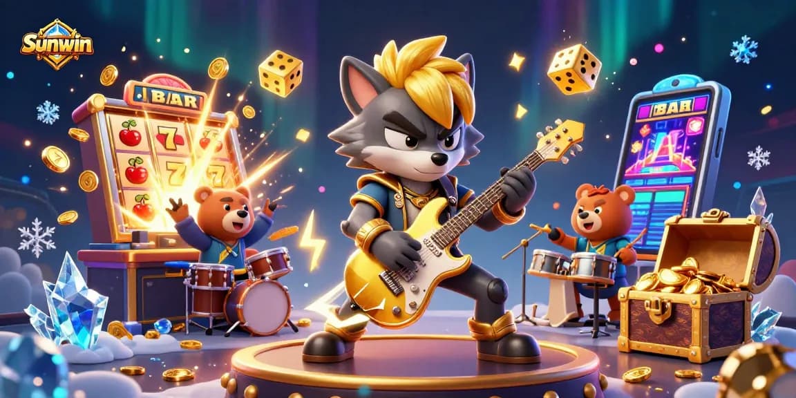 Sunwin brings excitement to life with a dynamic casino illustration featuring energetic characters and vibrant game elements.