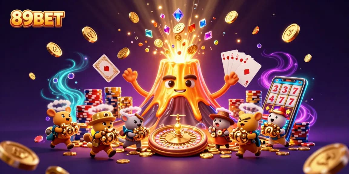 Experience exhilarating wins with 89BET in a vibrant casino illustration featuring gold coins and roaring jackpots.
