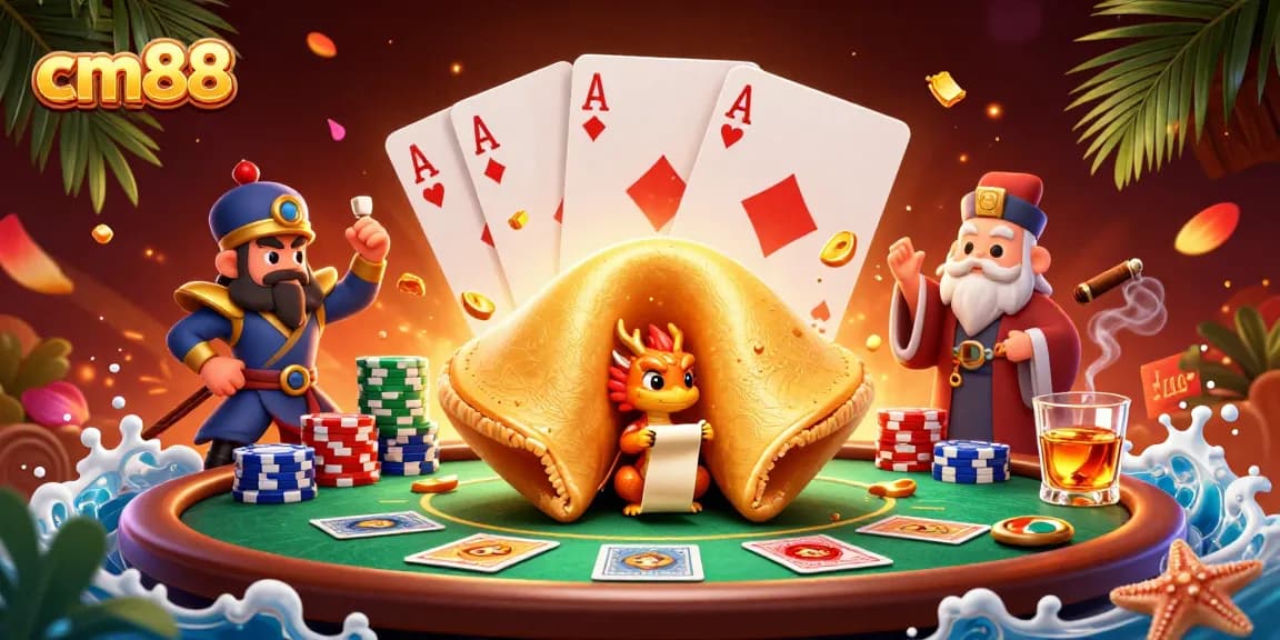 Engage with exciting gameplay at cm88 featuring a vibrant casino scene with poker action, golden fortune symbols.