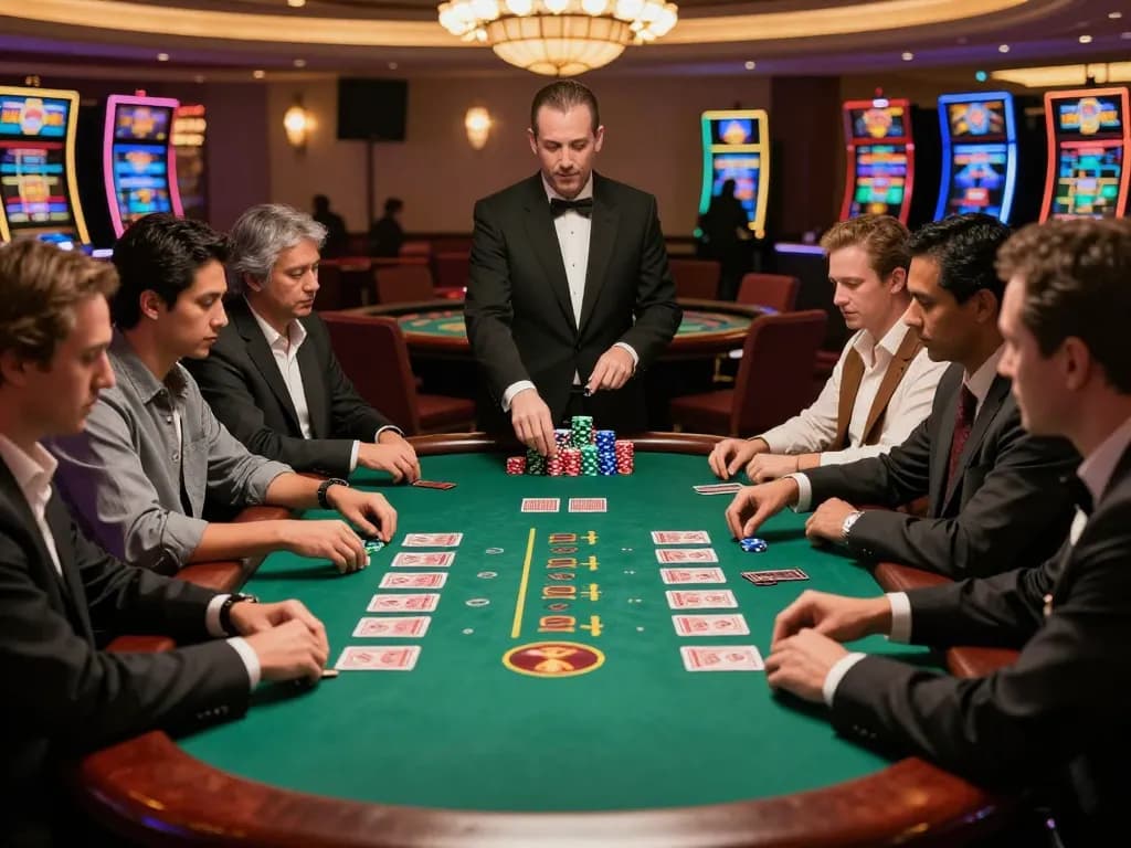 TA88 players enjoying intense blackjack action with colorful chips in upscale casino atmosphere
