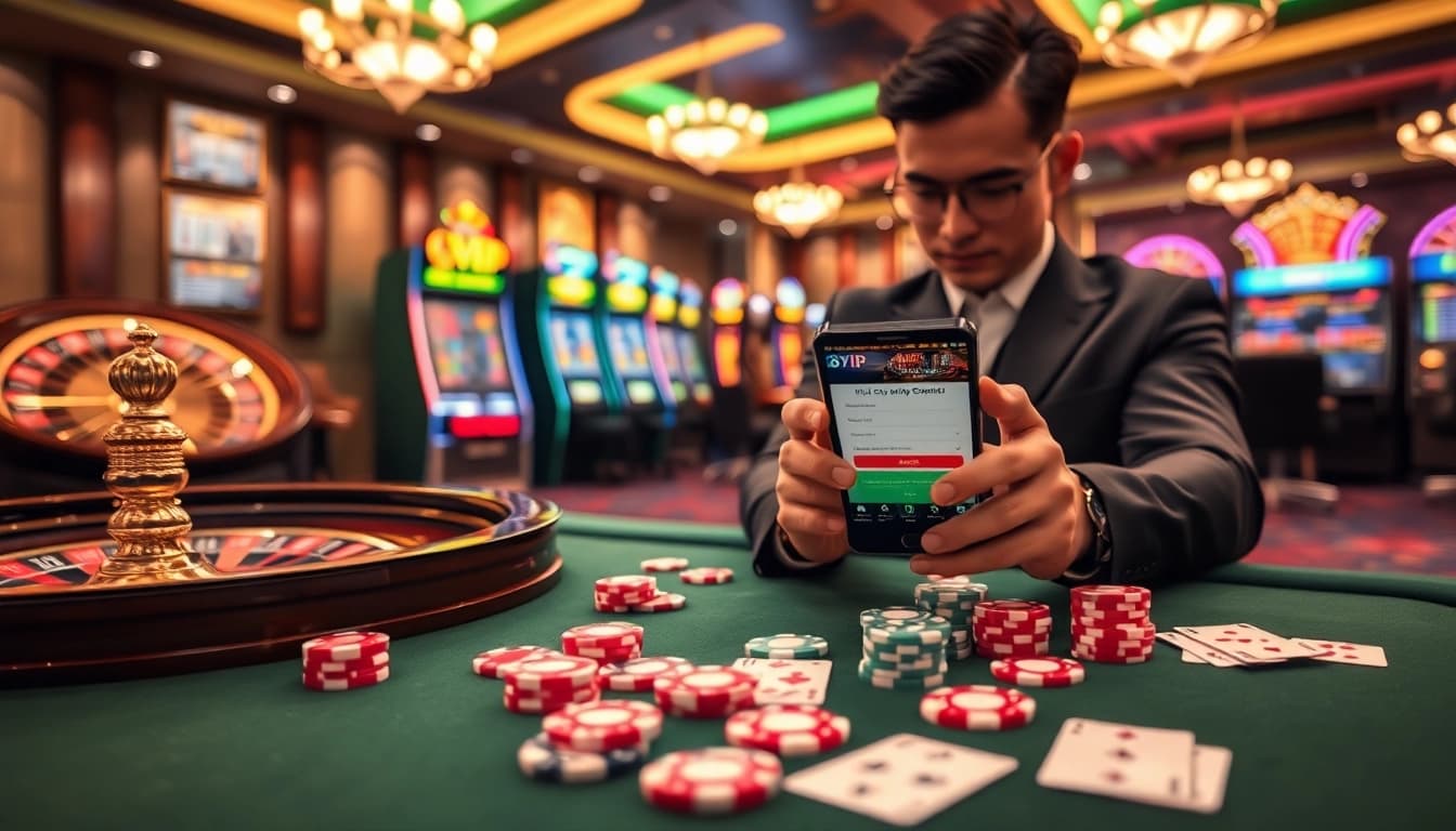 Registering with Đăng Ký Nhà Cái 68VIP at an elegant casino with a vibrant gaming atmosphere.
