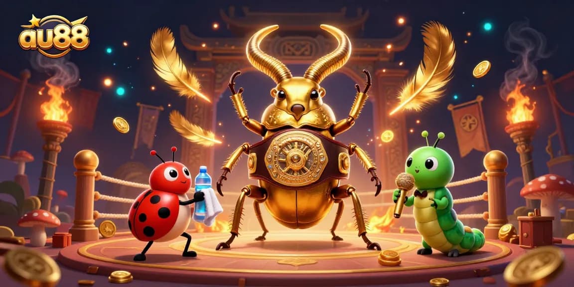 Engage in thrilling gameplay at au88 featuring a giant stag beetle champion in a dramatic casino battle arena.