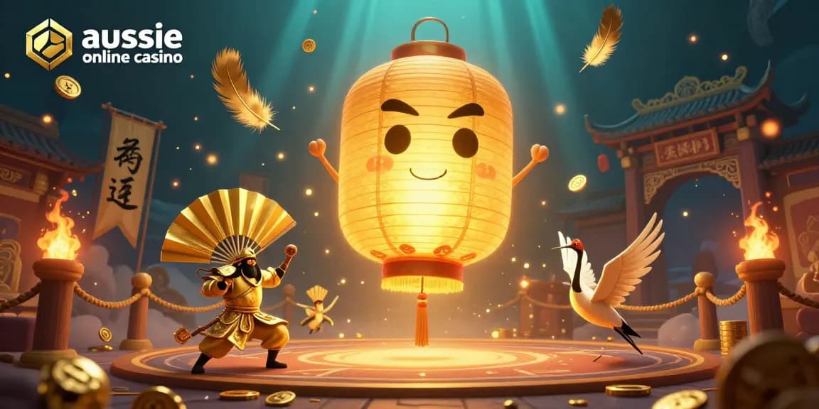 Aussie online casino scene featuring a golden lantern spirit and warriors amidst gold coins and gaming elements.