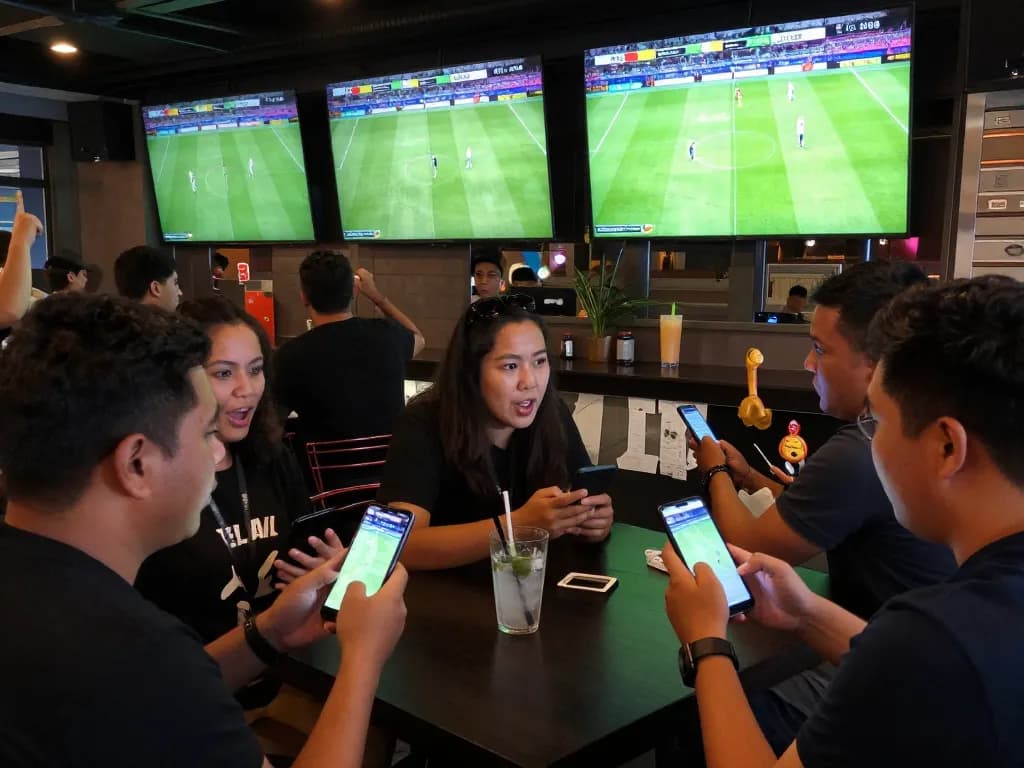 Patrons engaged in live sports betting using keonhacaii88 at a vibrant sports bar