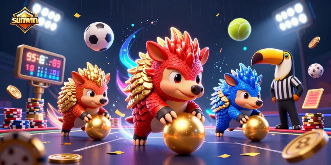 Sunwin pangolins competing with poker chip bowling in a dynamic casino-themed illustration.