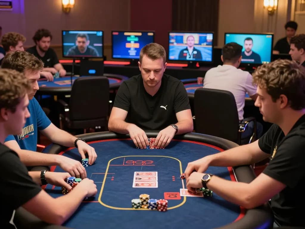 Online gamers strategizing in an intense nohu90 poker tournament, showcasing focused gameplay and camaraderie.