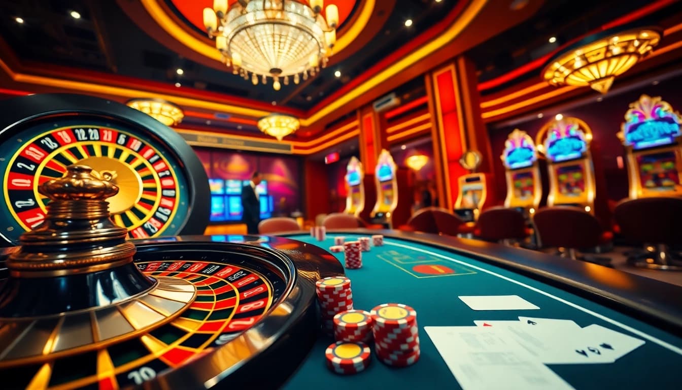 Exciting casino scene displaying roulette, poker, and slots; https://vn88.directory/ for online gaming insights.