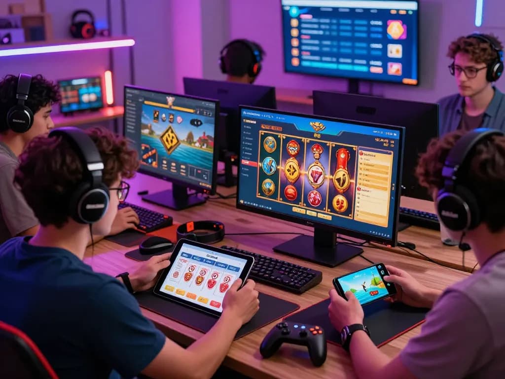 Engaged players immersed in the Sunwin online gaming platform, showcasing card games, slots, and fishing games in a lively gaming environment.