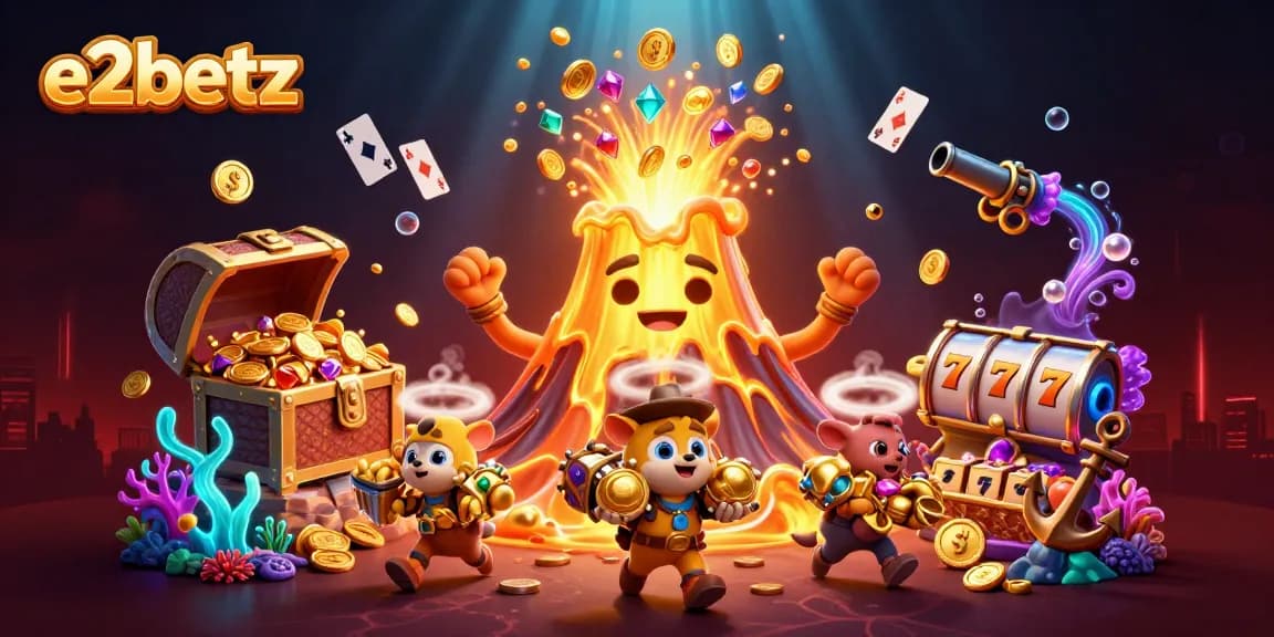 e2betz showcases a vibrant 3D cartoon casino scene with golden treasures, adding excitement to the gaming experience.