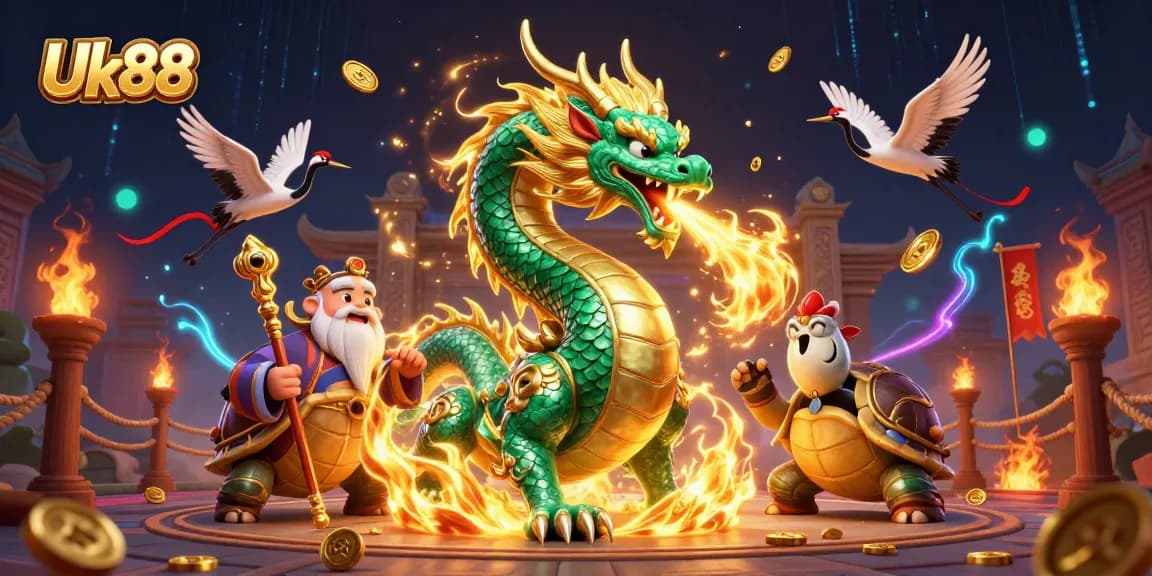 Win big with Uk88's vibrant, exhilarating casino scene featuring dynamic characters and action.