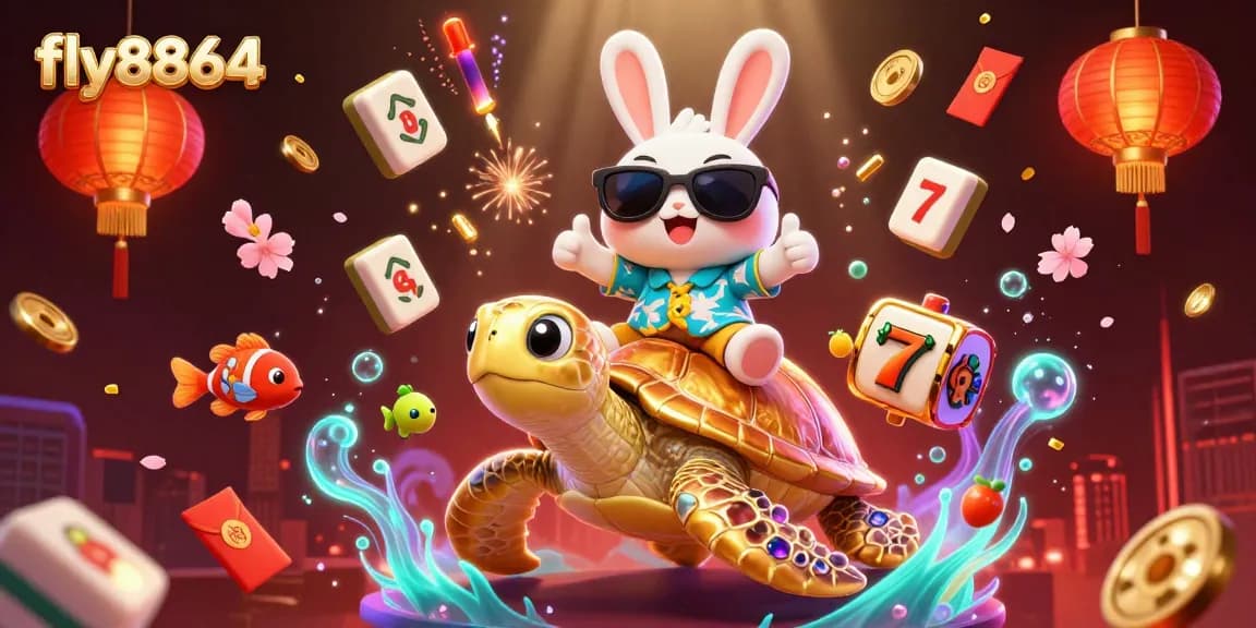 Experience massive wins at fly8864 with an exciting 3D illustration featuring a lucky rabbit and vibrant casino elements.