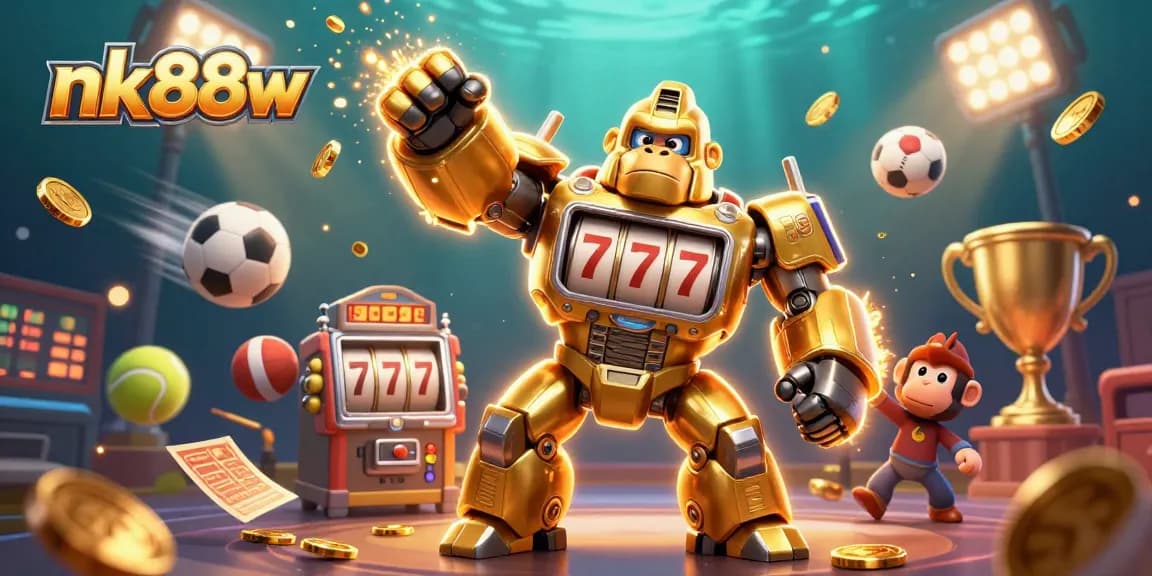 Boost your winnings at nk88w with this vibrant illustration of a golden gorilla mech surrounded by dynamic sports elements.