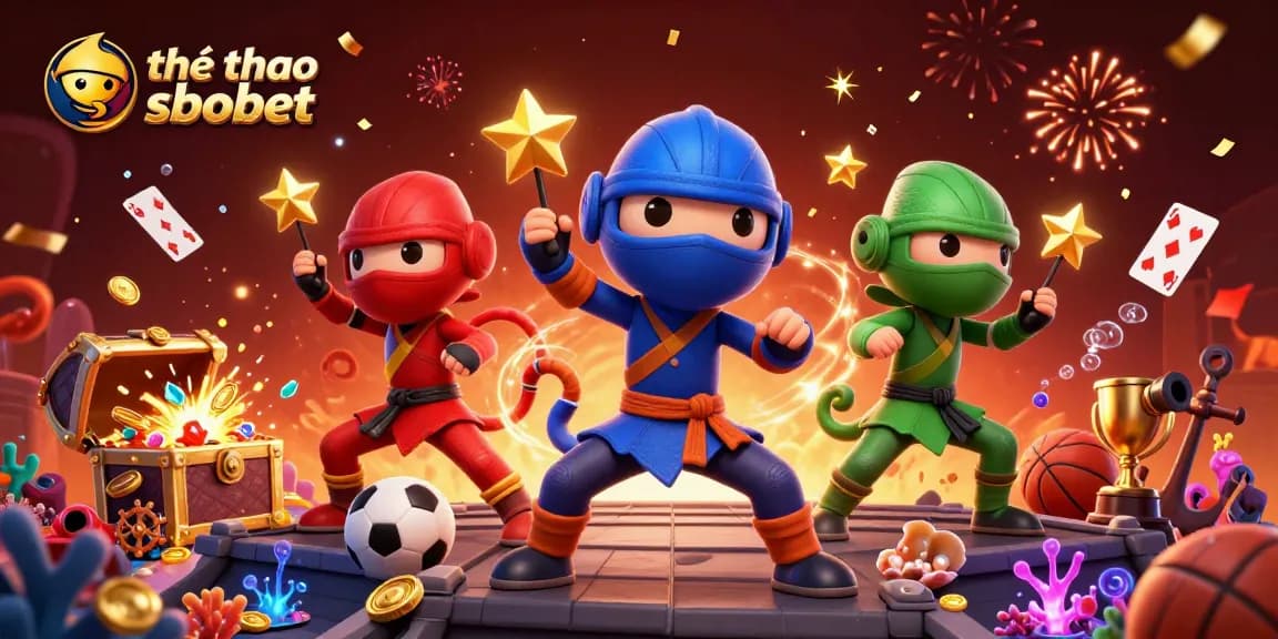 Experience thrilling sports betting with thể thao sbobet, featuring 3D chameleon ninjas amidst vibrant casino elements and action.
