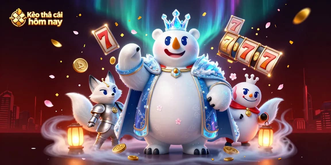 Kèo nhà cái hôm nay showcases a dazzling illustration of a charismatic ice king and snow fox amidst vibrant casino elements.