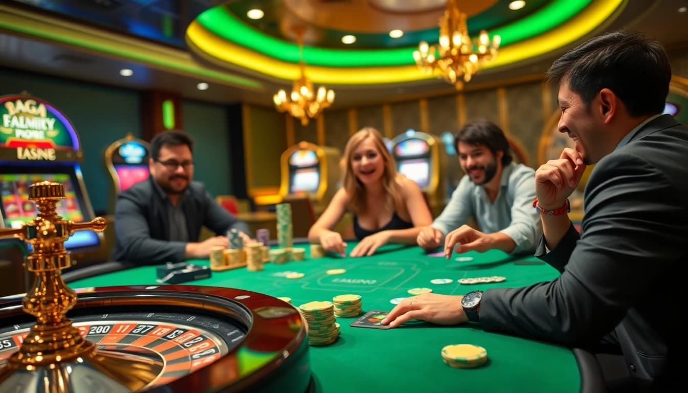 DAGA casino scene showing players enthusiastically engaging in a vibrant game of poker, reflecting excitement and luxury.