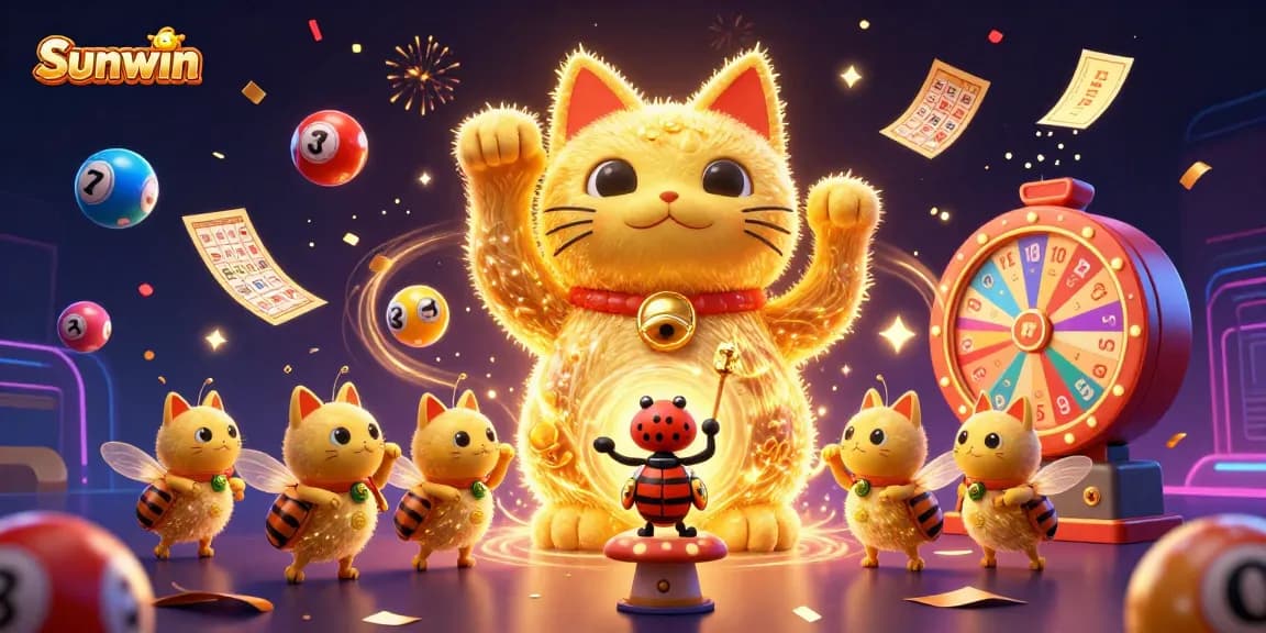 Engage in thrilling entertainment with Sunwin as golden fireflies create a lucky cat amidst casino symbols.