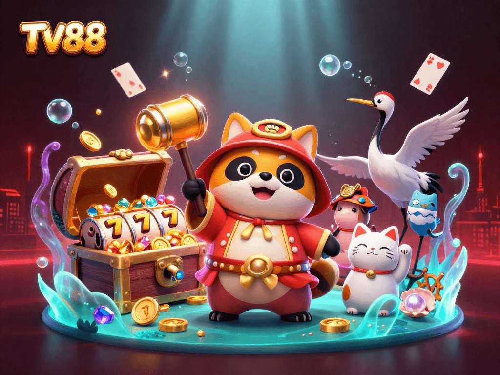 Engage with TV88's vibrant casino world featuring a cheerful tanuki and lucky elements.