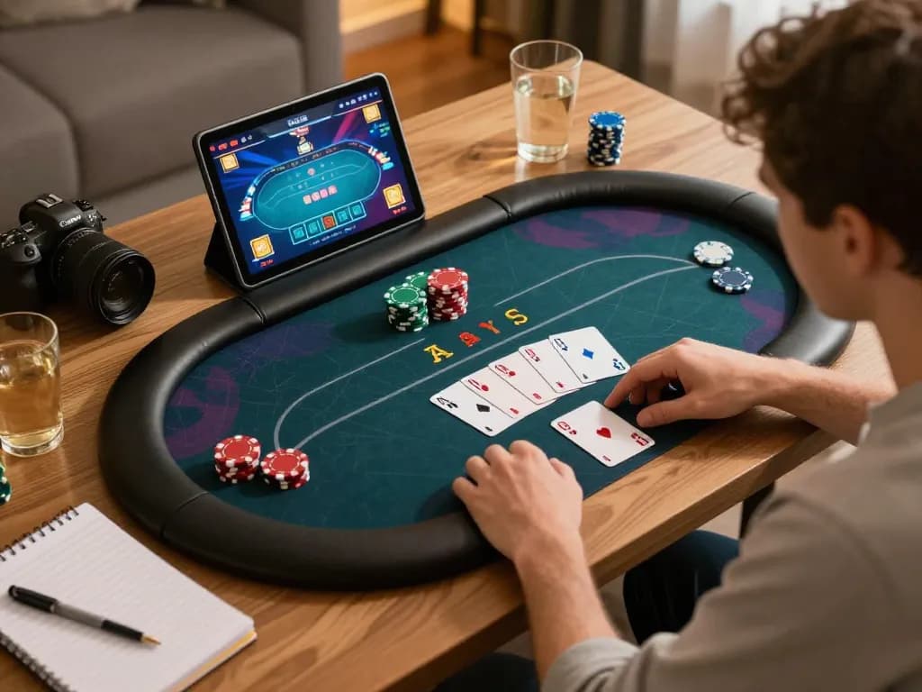 Playing KUWIN poker online on a tablet while engaging in strategic gameplay at home
